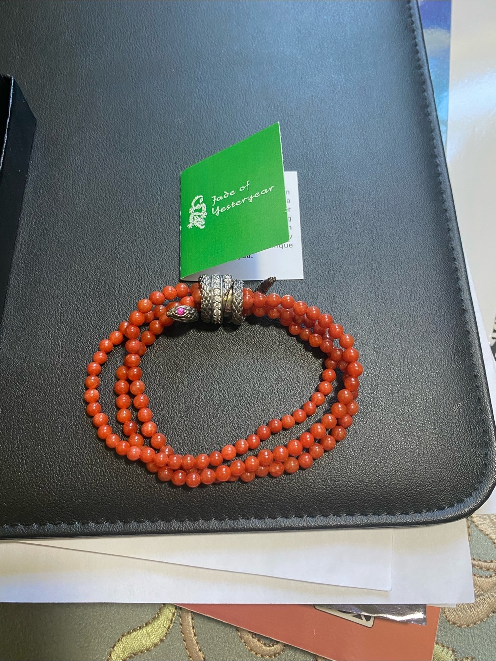 Jade of Yesteryear Red Jade Beaded Wrap Bracelet with Silver Snake Accents NRFB